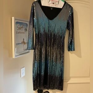 Karen Kane Black and Blue Sequin V-Neck Dress